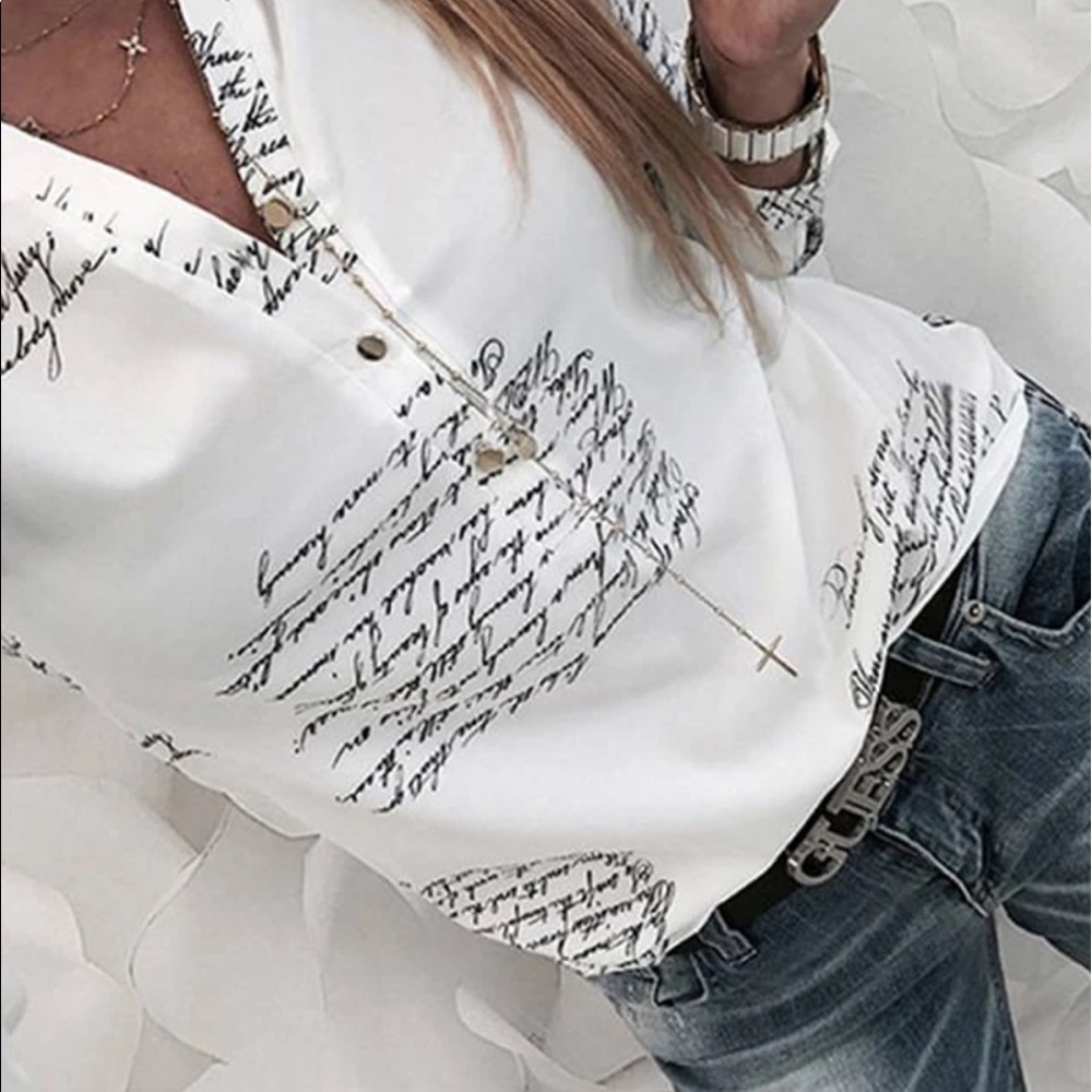 White & Blue Cursive Blouse